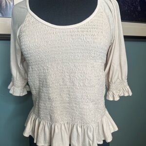 Ann Taylor Cream Puff Sleeve Smocked Peplum Blouse Size Medium